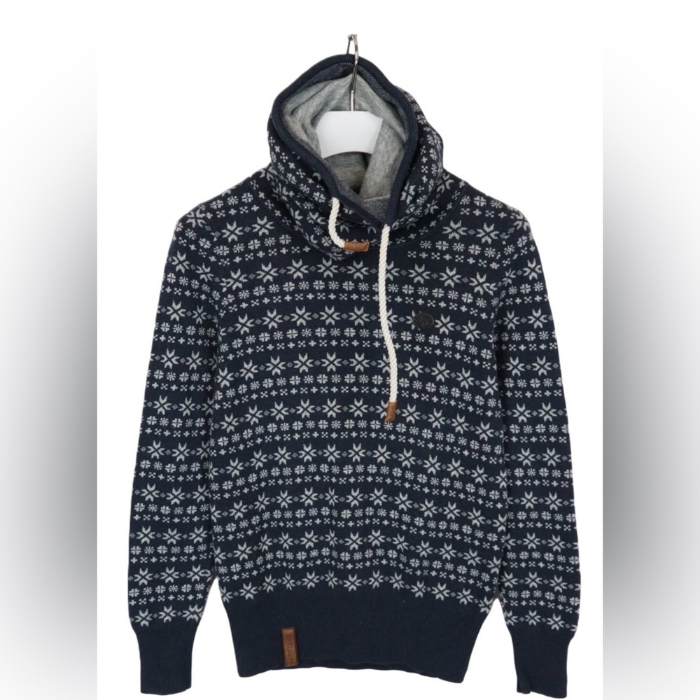 Naketano Navy Snowflake Style 100% Wool Sweater—Double Collar—BEAUTIFUL!  M